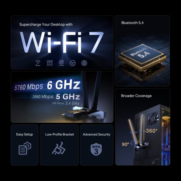 Sieťová karta TP-Link Archer TBE552E BE9300 WiFi 7, PCI-e, Bluetooth, odnímateľná anténa – Obrázok 3