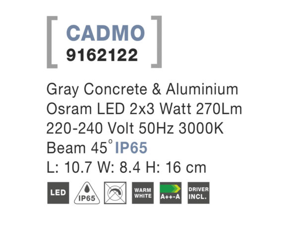 Svietidlo Nova Luce CADMO S WALL GREY 2 nástenné, IP 65, 2x3 W – Obrázok 4