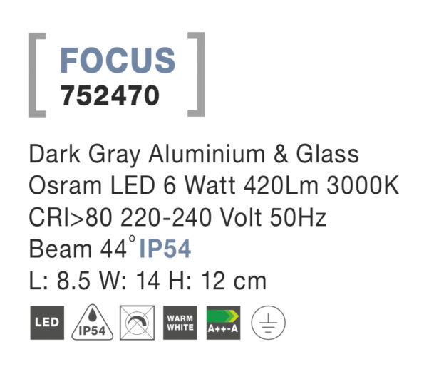 Svietidlo Nova Luce FOCUS WALL GREY nástenné, IP 54, 6 W – Obrázok 4