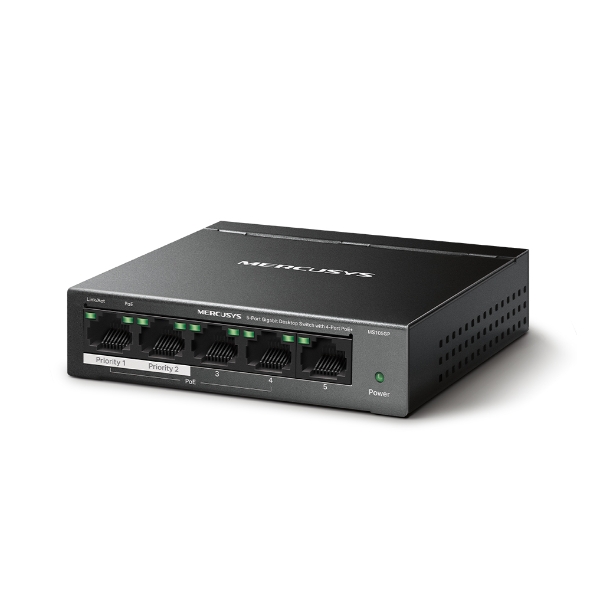 Switch-TP-Link-Mercusys-MS105GP-1x-GLAN-4x-GLAN-s-PoE-65W Switch TP-Link Mercusys MS105GP 1x GLAN, 4x GLAN s PoE+, 65W – Obrázok 1
