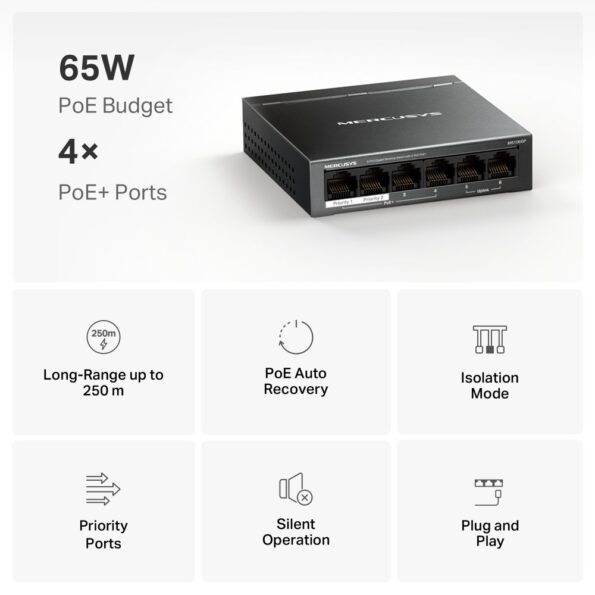 Switch TP-Link Mercusys MS106GP 2x GLAN, 4x GLAN s PoE+, 65W – Obrázok 2