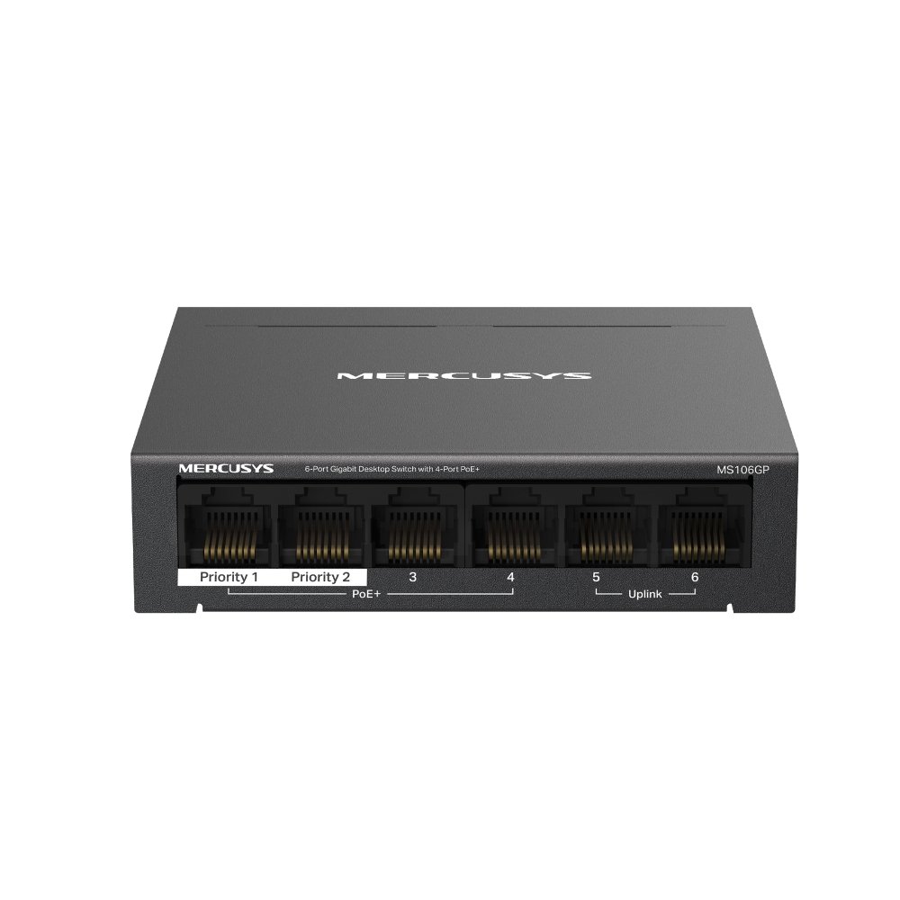 Switch-TP-Link-Mercusys-MS106GP-2x-GLAN-4x-GLAN-s-PoE-65W Switch TP-Link Mercusys MS106GP 2x GLAN, 4x GLAN s PoE+, 65W – Obrázok 1