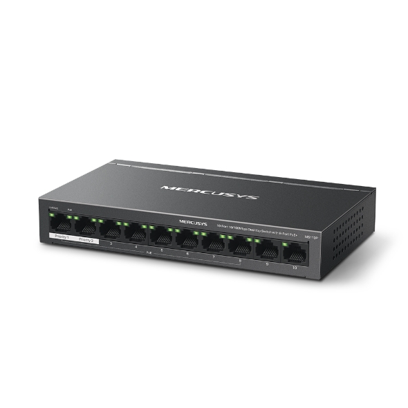 Switch-TP-Link-Mercusys-MS110P-2x-LAN-s-PoE-8x-LAN-s-PoE-65W Switch TP-Link Mercusys MS110P 2x LAN s PoE, 8x LAN s PoE+, 65W – Obrázok 1