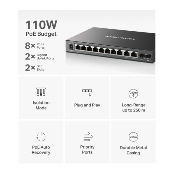 Switch TP-Link Mercusys MS112GMP 2x GLAN, 8x GLAN s PoE+, 2x SFP, 110W – Obrázok 3