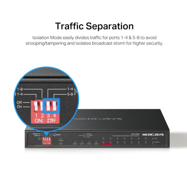 Switch TP-Link Mercusys MS112GMP 2x GLAN, 8x GLAN s PoE+, 2x SFP, 110W – Obrázok 6