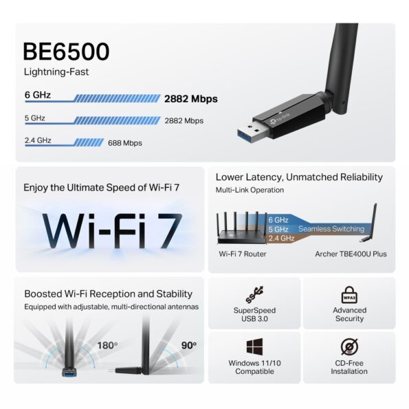 USB klient TP-Link Archer TBE400U Plus BE6500, WiFi 7,  2,4/5/6GHz, USB 3.0, anténa – Obrázok 4