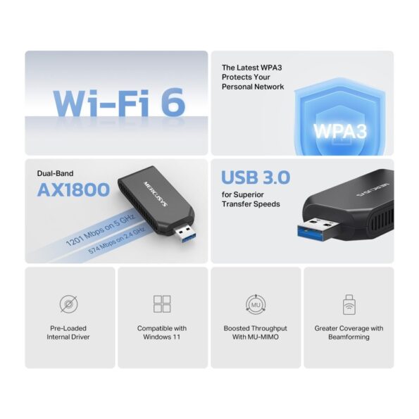 USB klient TP-Link Mercusys MA70XM Wireless USB adapter XA1800, 2,4/5 GHz – Obrázok 4