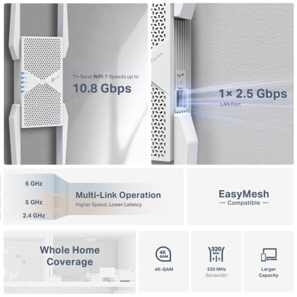 WiFi extender TP-Link RE655BE WiFi 7 AP/Extender/Repeater, BE11000, 1x GLAN, fixná anténa, EasyMesh – Obrázok 3
