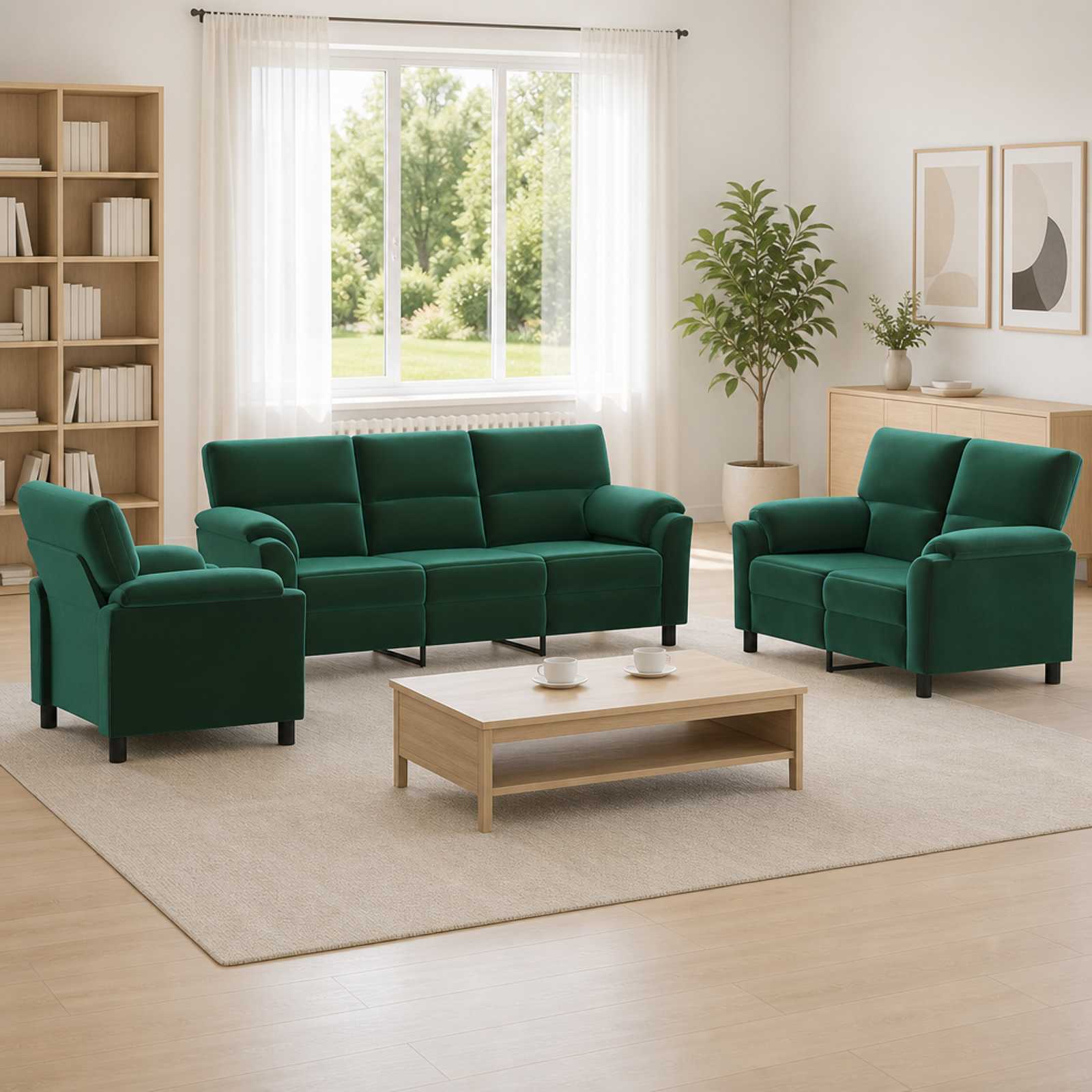 3430464_1.jpg vidaXL Sada pohoviek 3 pcs Tmavozelená Zamat – Obrázok 1