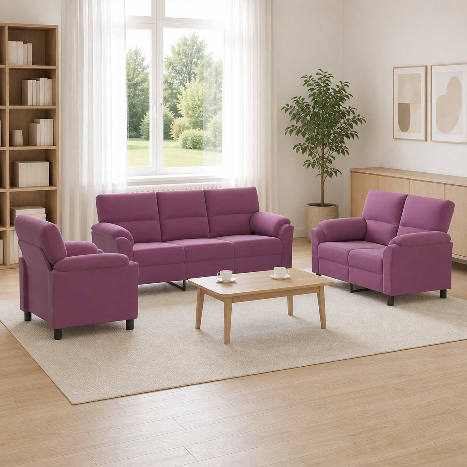 3430475_1.jpg vidaXL Sada pohoviek 3 pcs Fialová Zamat – Obrázok 1