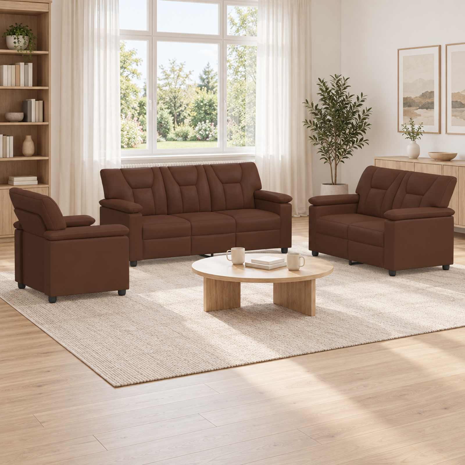 3430544_1.jpg vidaXL Sada pohoviek 3 pcs Hnedá Umelá koža – Obrázok 1