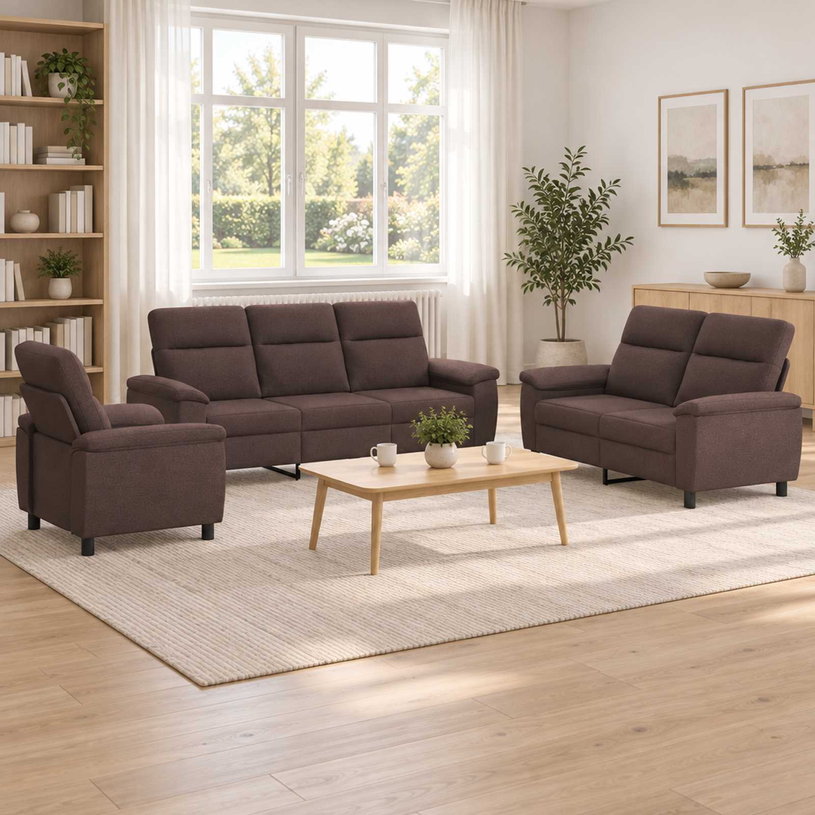 3430647_1.jpg vidaXL Sada pohoviek 3 pcs Tmavohnedá Látka – Obrázok 1