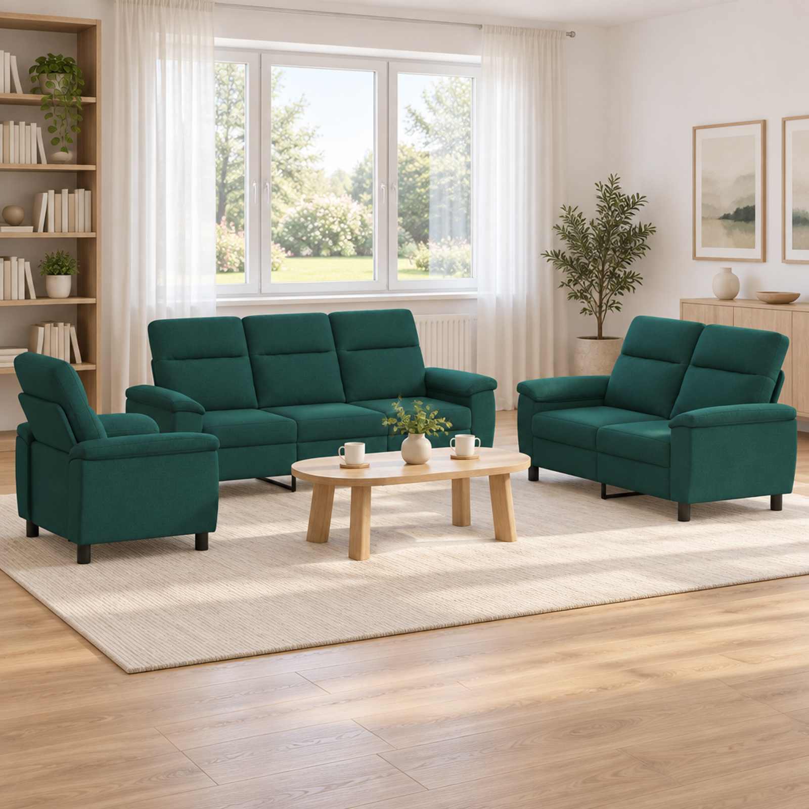 3430648_1.jpg vidaXL Sada pohoviek 3 pcs Tmavozelená Látka – Obrázok 1