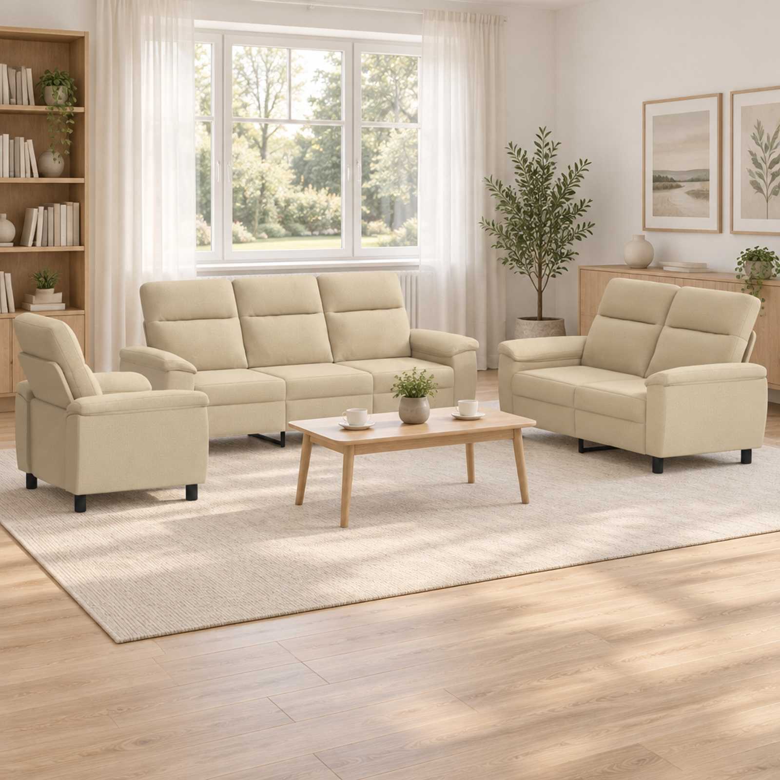 3430650_1.jpg vidaXL Sada pohoviek 3 pcs Krémová Látka – Obrázok 1