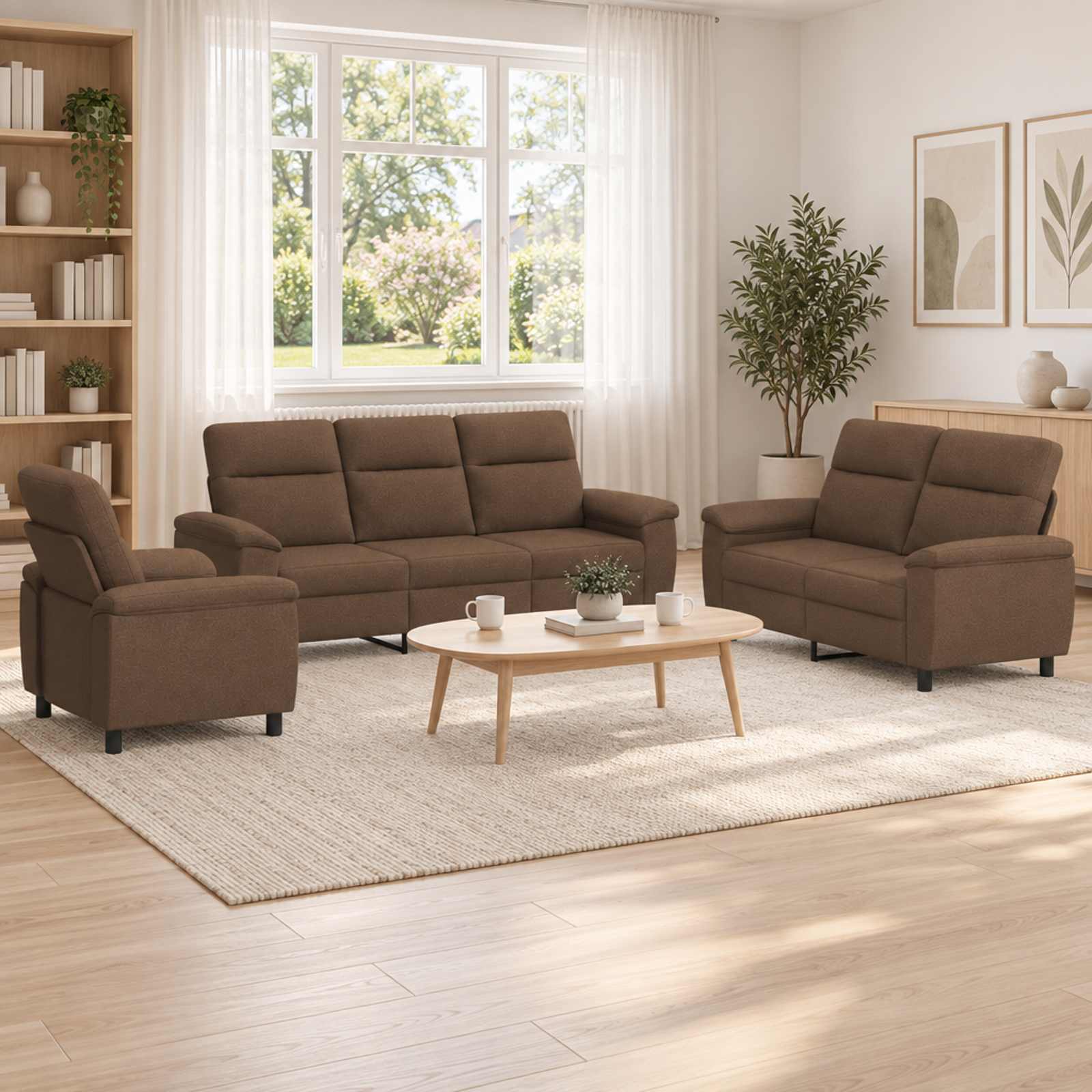 3430657_1.jpg vidaXL Sada pohoviek 3 pcs Hnedá Látka – Obrázok 1