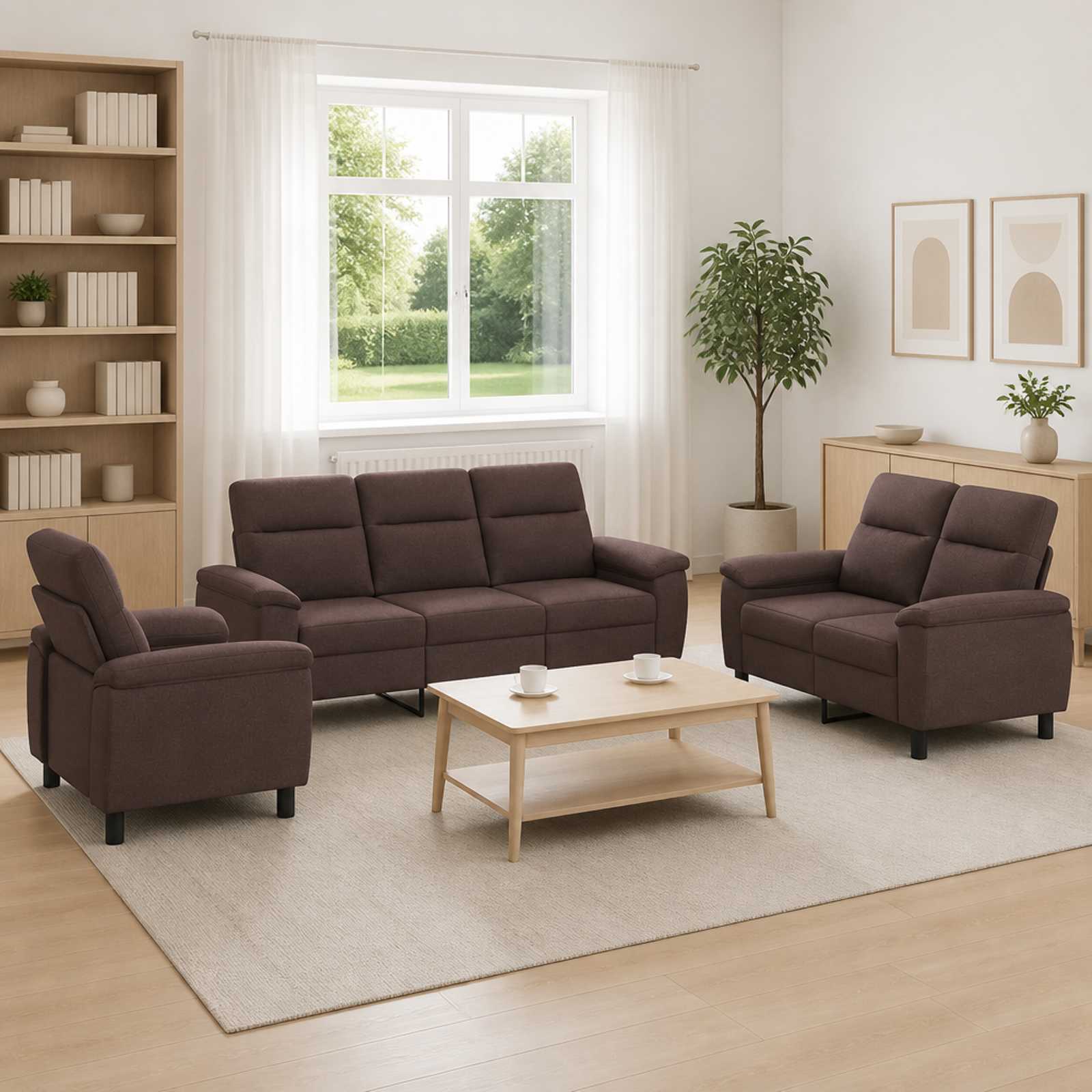 3430670_1.jpg vidaXL Sada pohoviek 3 pcs Tmavohnedá Látka – Obrázok 1