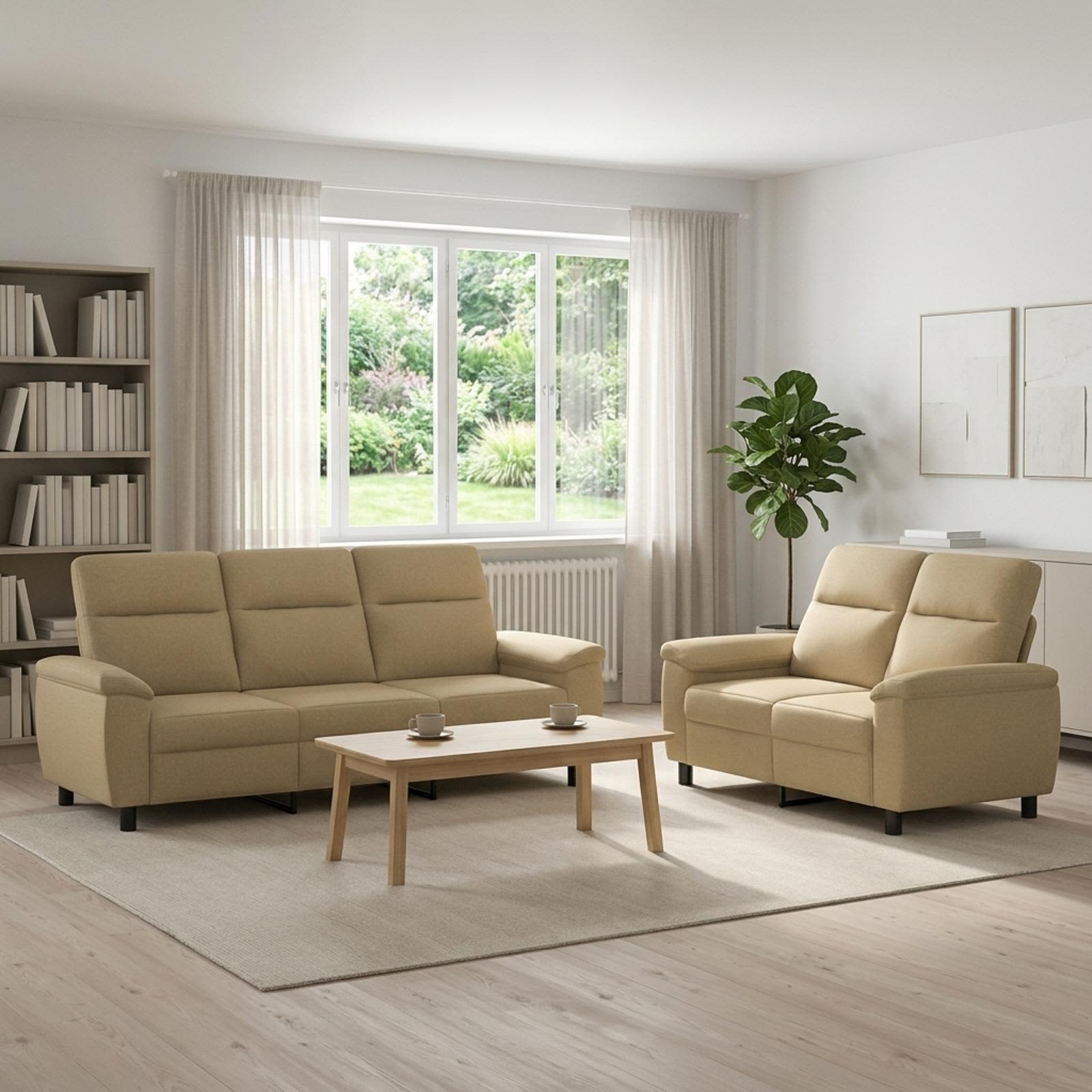 3430707_1.jpg vidaXL Sada pohoviek 2 pcs Svetlohnedá Látka – Obrázok 1