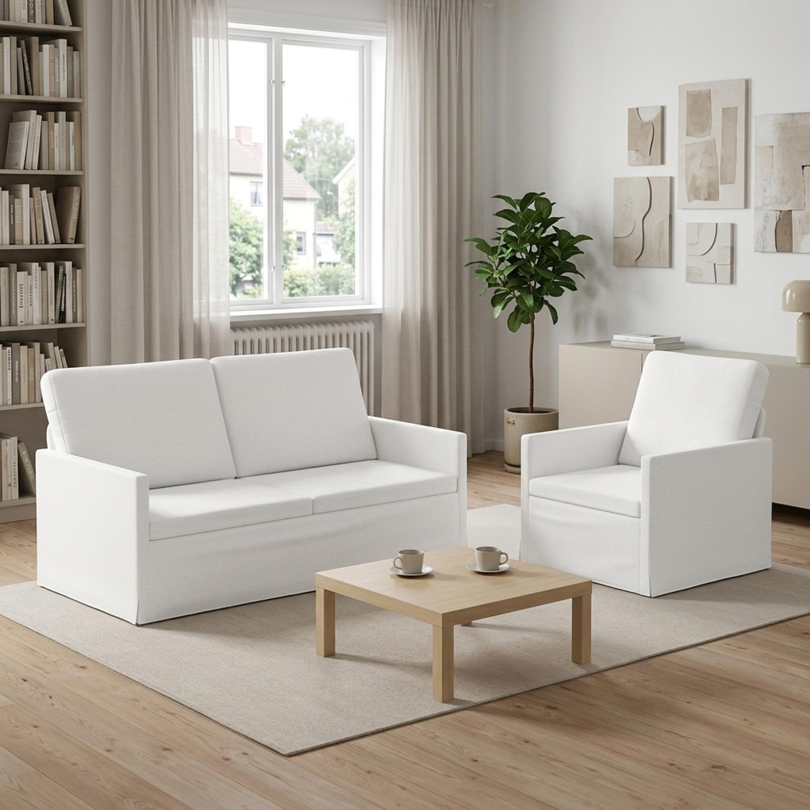 3433158_1.jpg vidaXL Sada pohoviek 2 pcs Biela Látka – Obrázok 1
