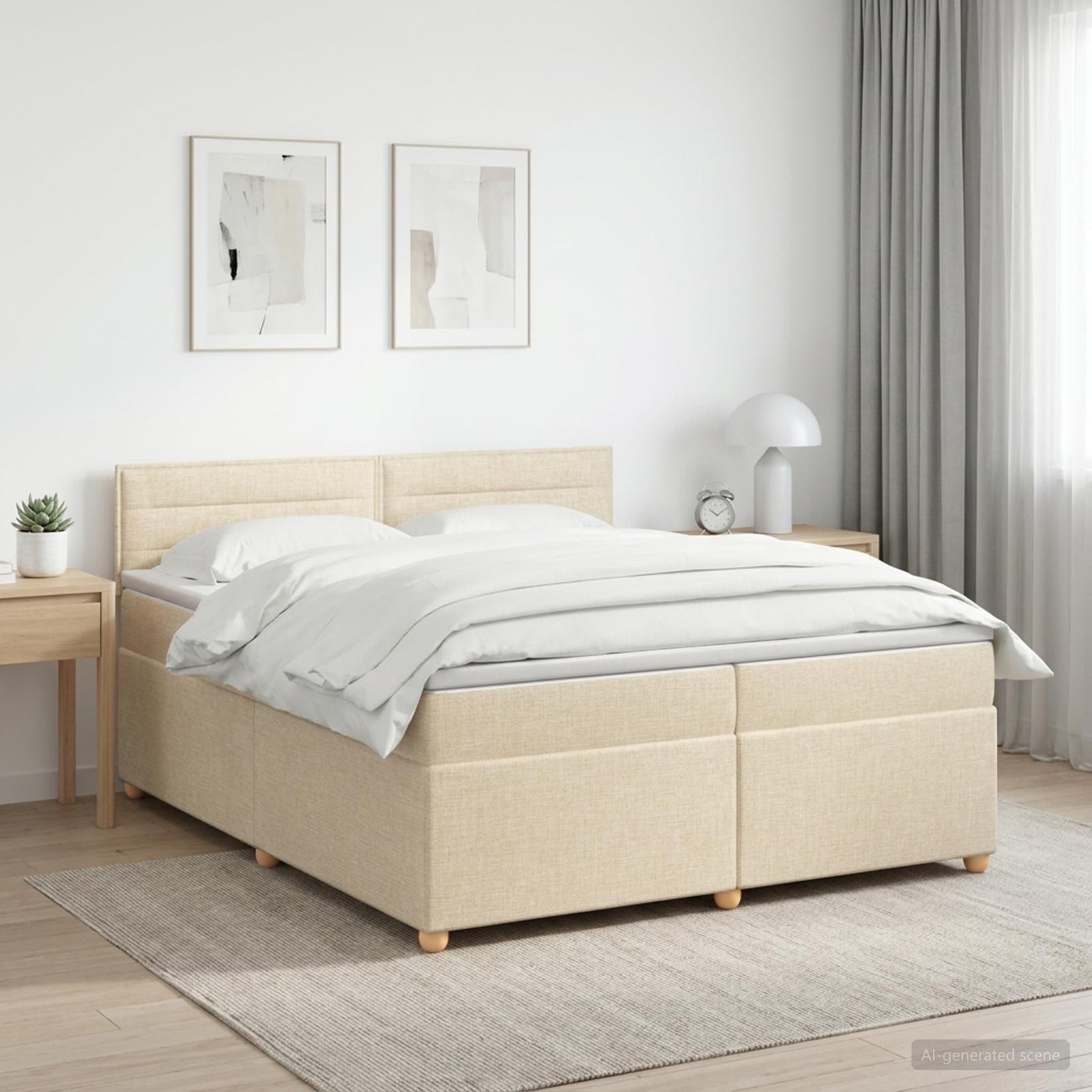 3451033_1.jpg vidaXL Posteľ boxspring s matracom Krémová 200 x 200 cm Látka – Obrázok 1