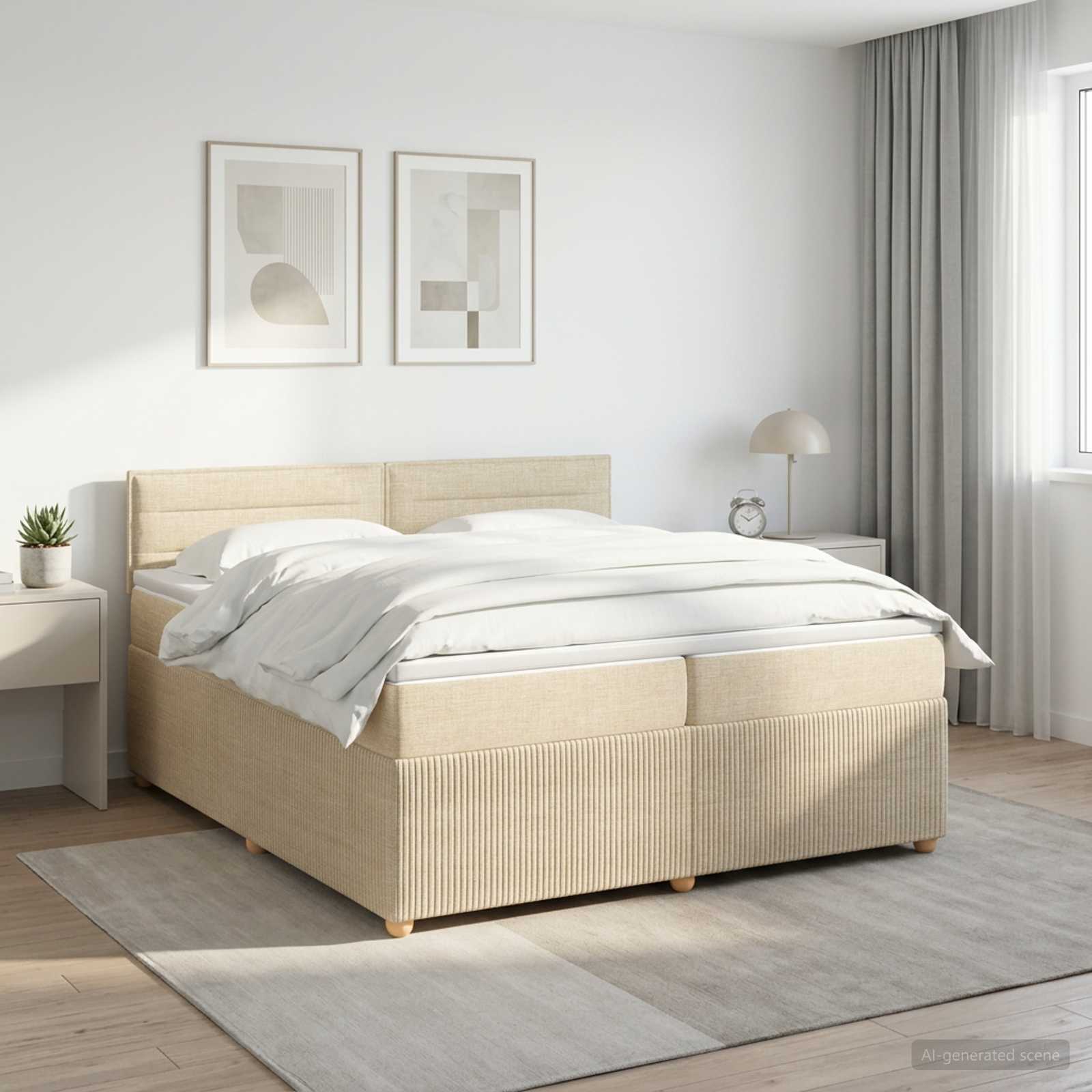3451543_1.jpg vidaXL Posteľ boxspring s matracom Krémová 200 x 200 cm Látka – Obrázok 1