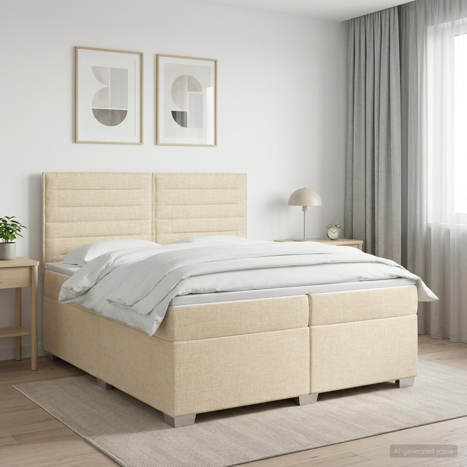 3453484_1.jpg vidaXL Posteľ boxspring s matracom Krémová 200 x 200 cm Látka – Obrázok 1