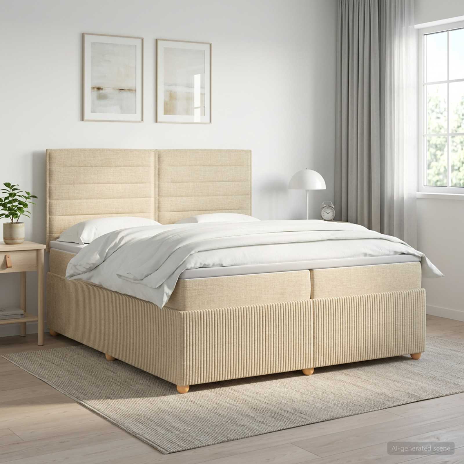 3454471_1.jpg vidaXL Posteľ boxspring s matracom Krémová 200 x 200 cm Látka – Obrázok 1
