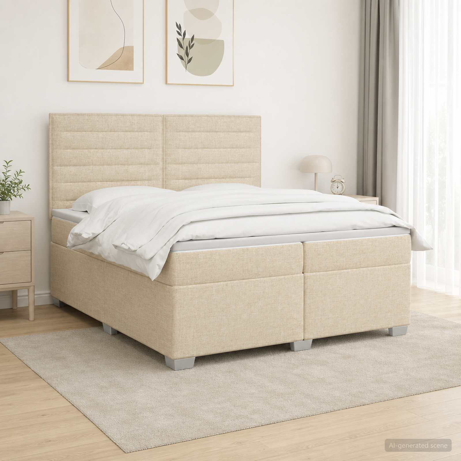3454948_1.jpg vidaXL Posteľ boxspring s matracom Krémová 200 x 200 cm Látka – Obrázok 1