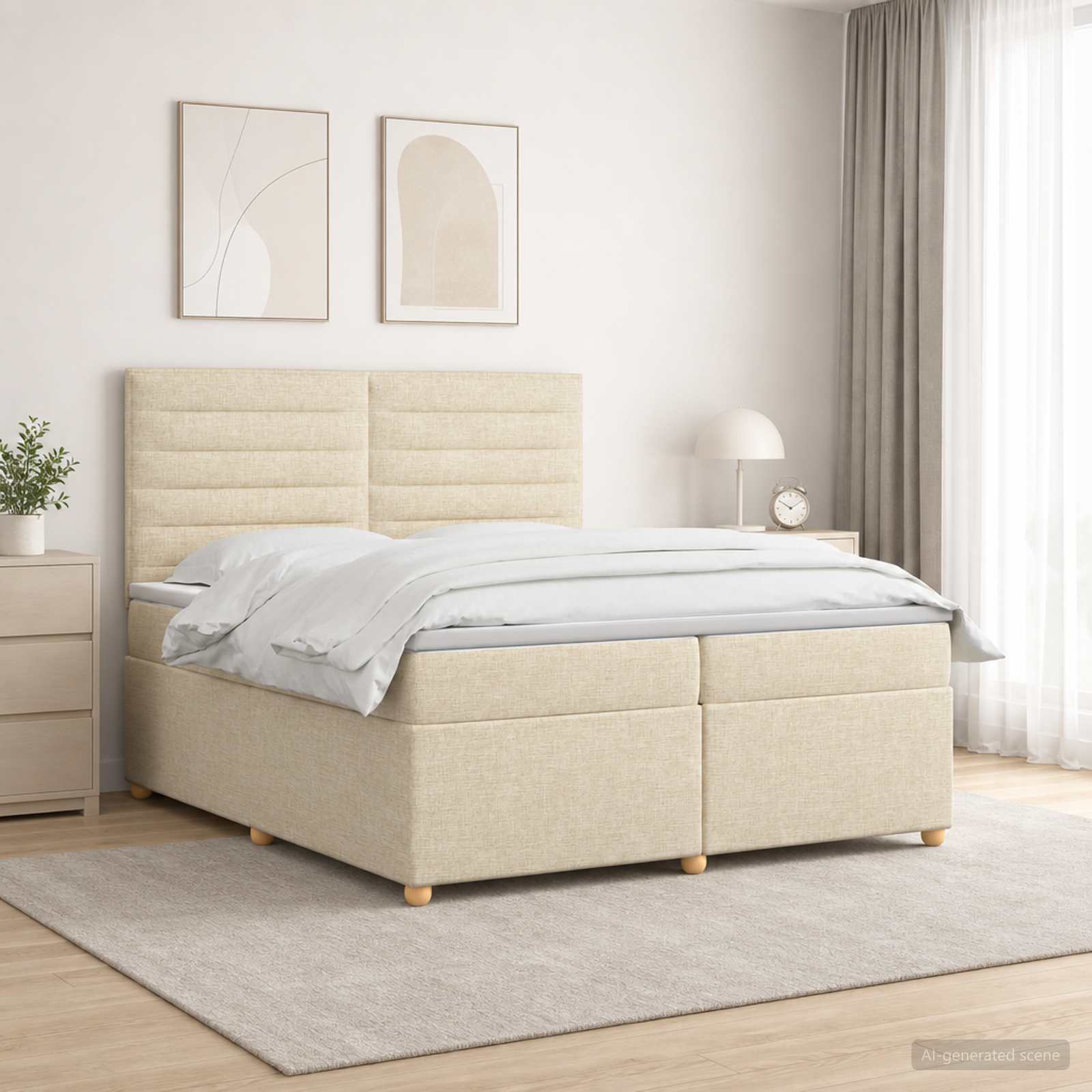 3455425_1.jpg vidaXL Posteľ boxspring s matracom Krémová 200 x 200 cm Látka – Obrázok 1