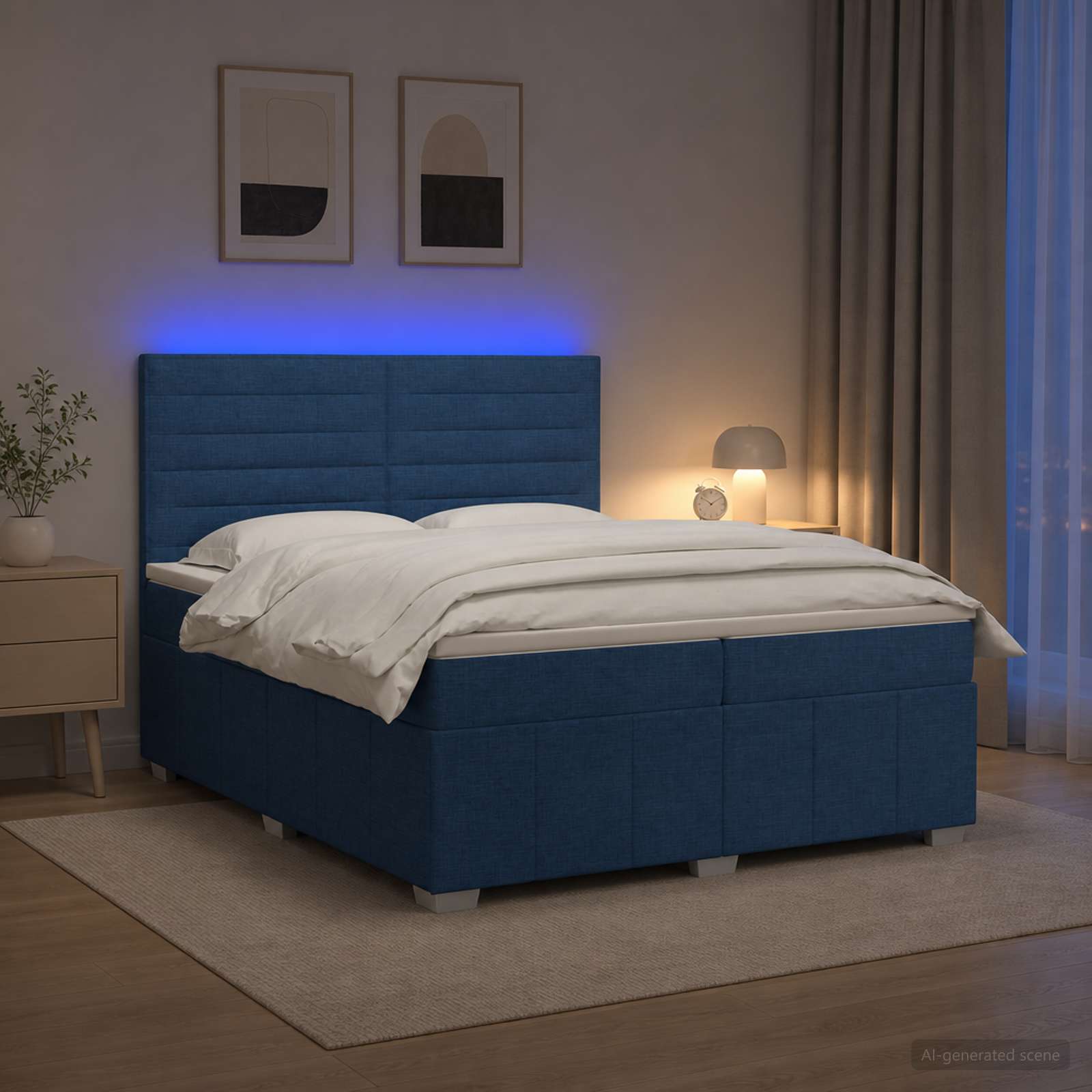 3455681_1.jpg vidaXL LED boxspring posteľ s matracom Modrá 200 x 200 cm Látka – Obrázok 1
