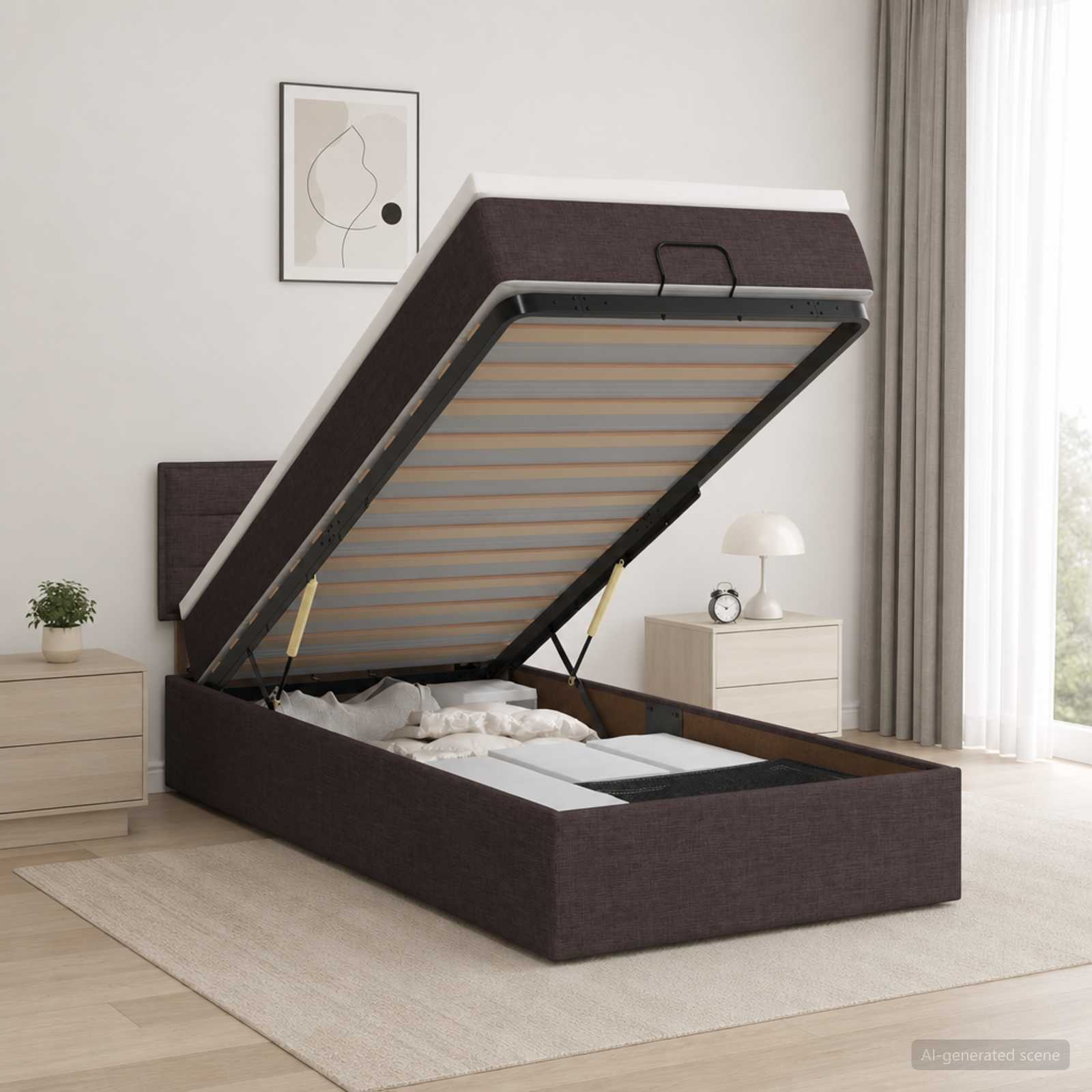 3456797_1.jpg vidaXL Ottoman posteľ s matracom a LED Tmavohnedá 90 x 200 cm Látka – Obrázok 1