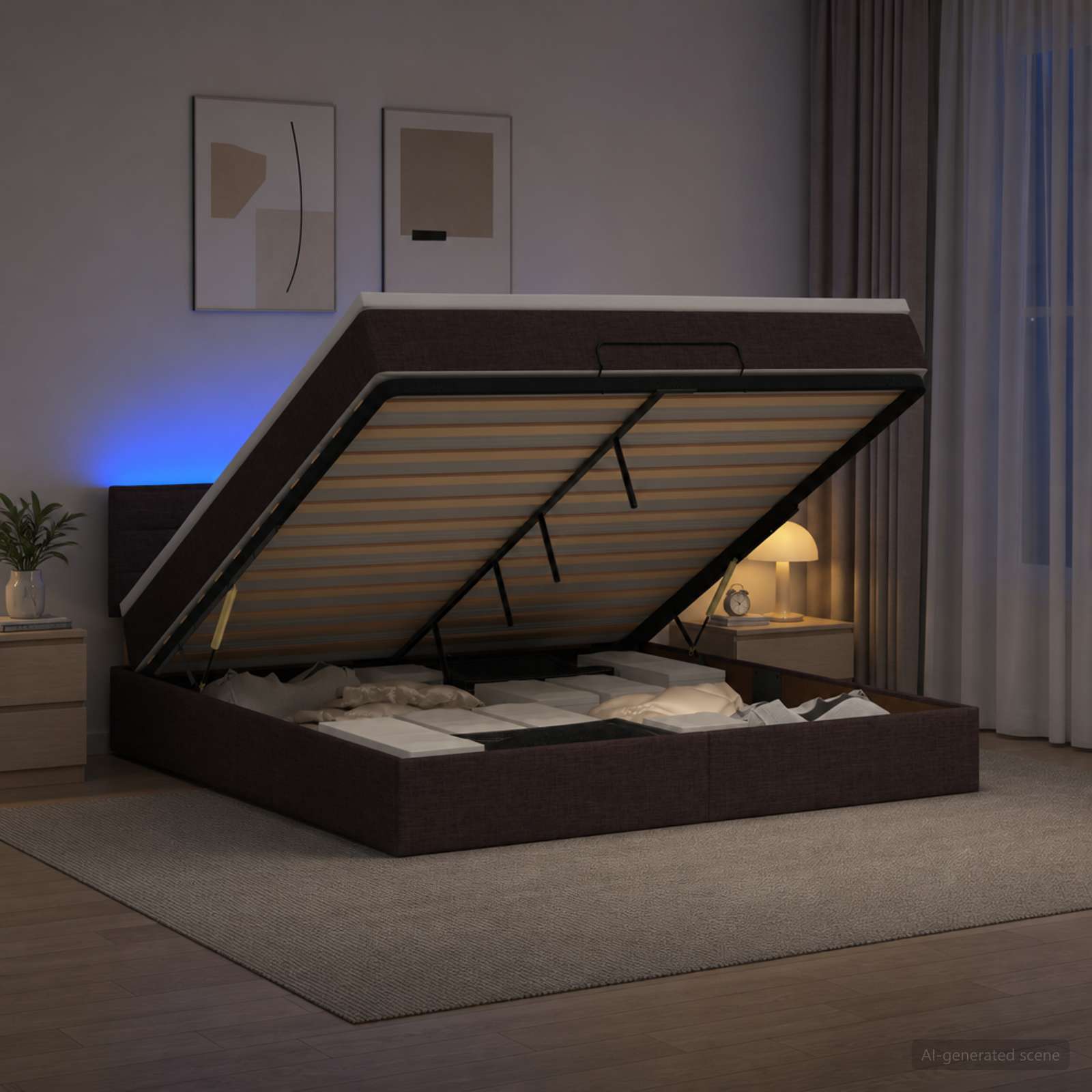 3456825_1.jpg vidaXL Ottoman posteľ s matracom a LED Tmavohnedá 140 x 190 cm Látka – Obrázok 1