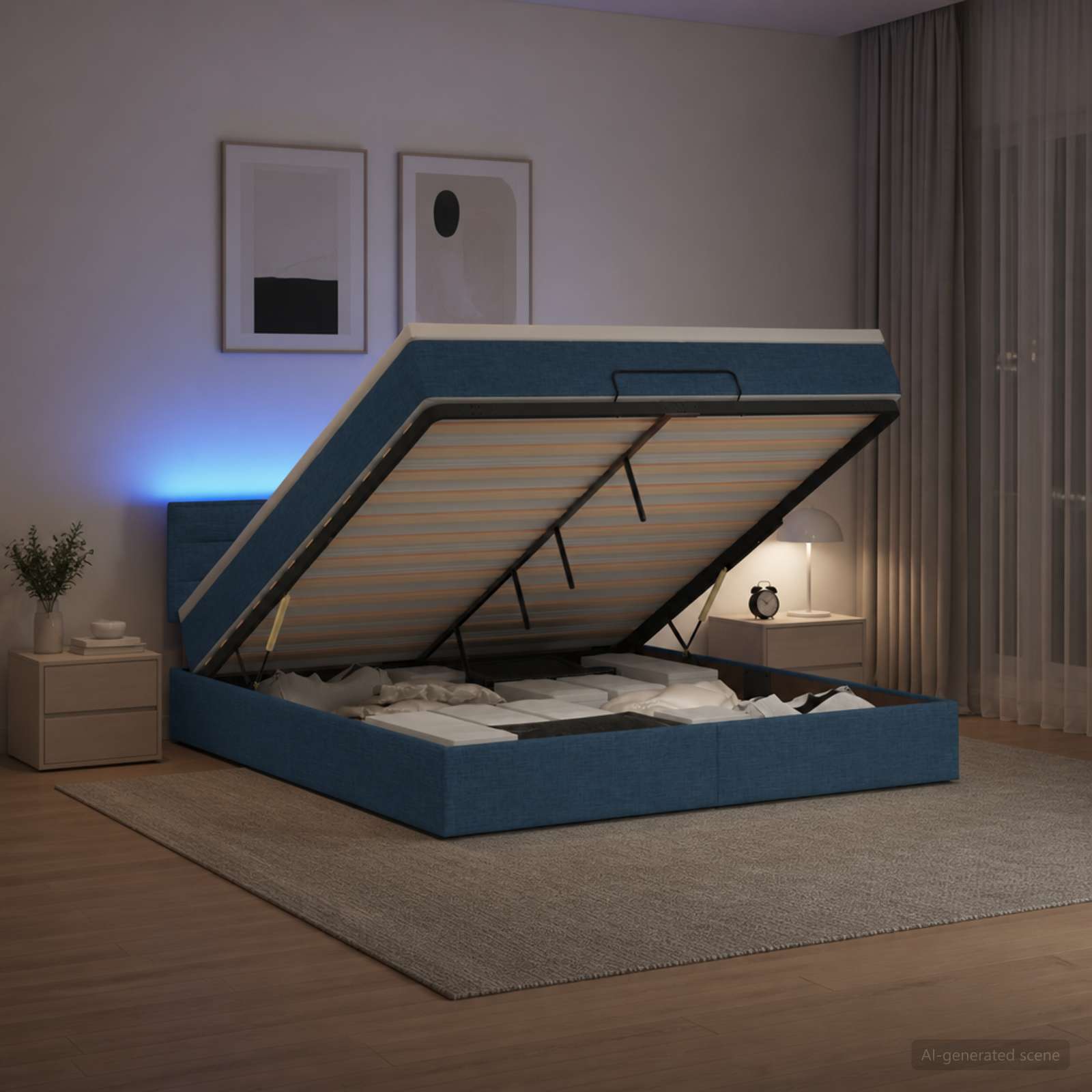 3456842_1.jpg vidaXL Ottoman posteľ s matracom a LED Modrá 160 x 200 cm Látka – Obrázok 1