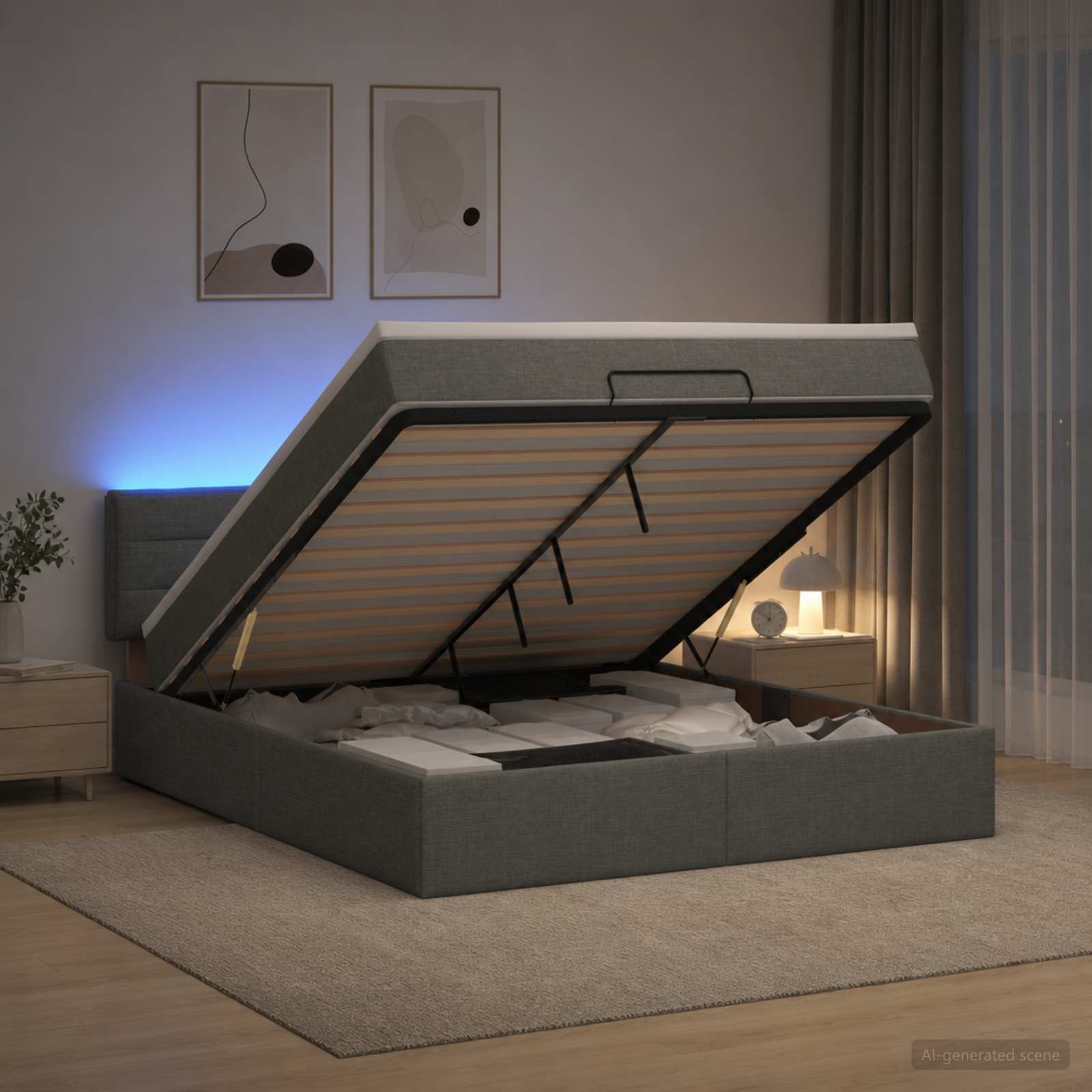3456844_1.jpg vidaXL Ottoman posteľ s matracom a LED Tmavosivá 180 x 200 cm Látka – Obrázok 1