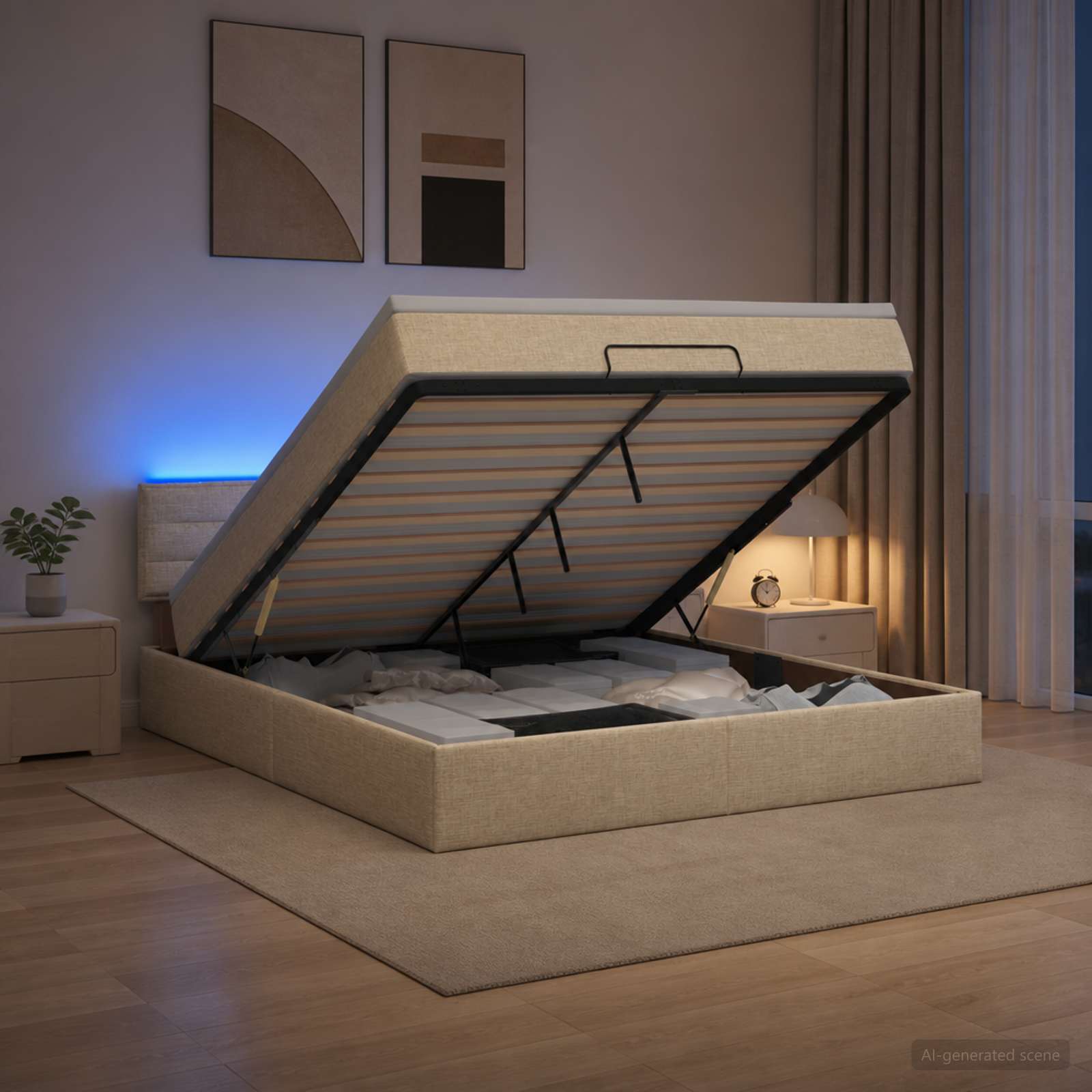 3456848_1.jpg vidaXL Ottoman posteľ s matracom a LED Krémová 180 x 200 cm Látka – Obrázok 1