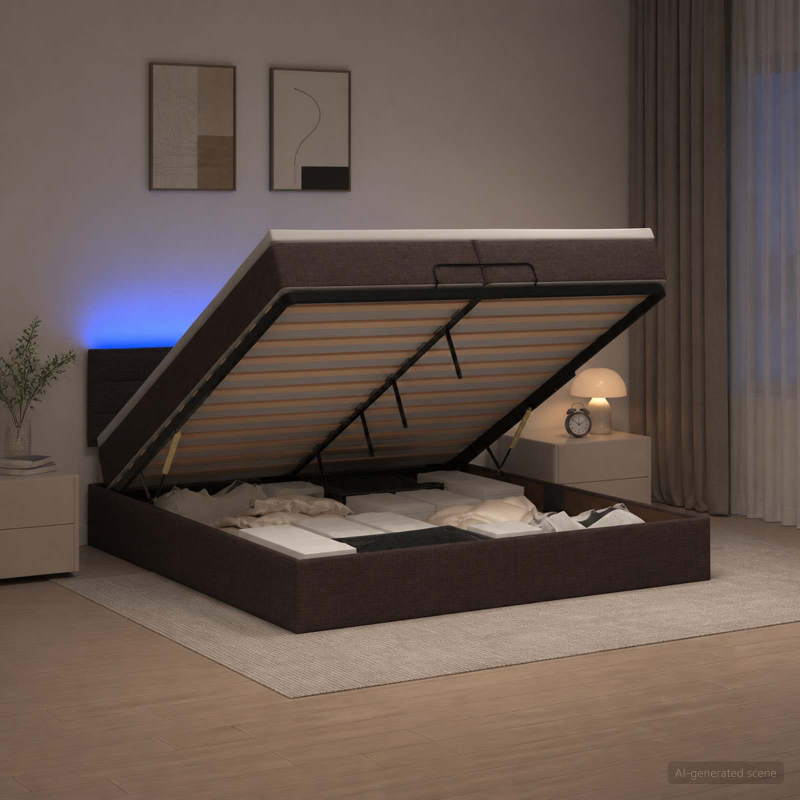 3456853_1.jpg vidaXL Ottoman posteľ s matracom a LED Tmavohnedá 200 x 200 cm Látka – Obrázok 1