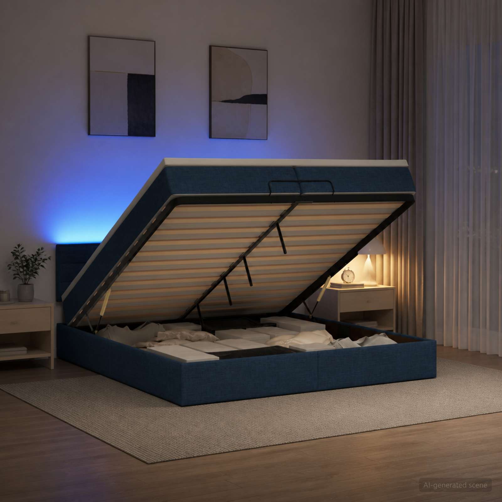 3456856_1.jpg vidaXL Ottoman posteľ s matracom a LED Modrá 200 x 200 cm Látka – Obrázok 1