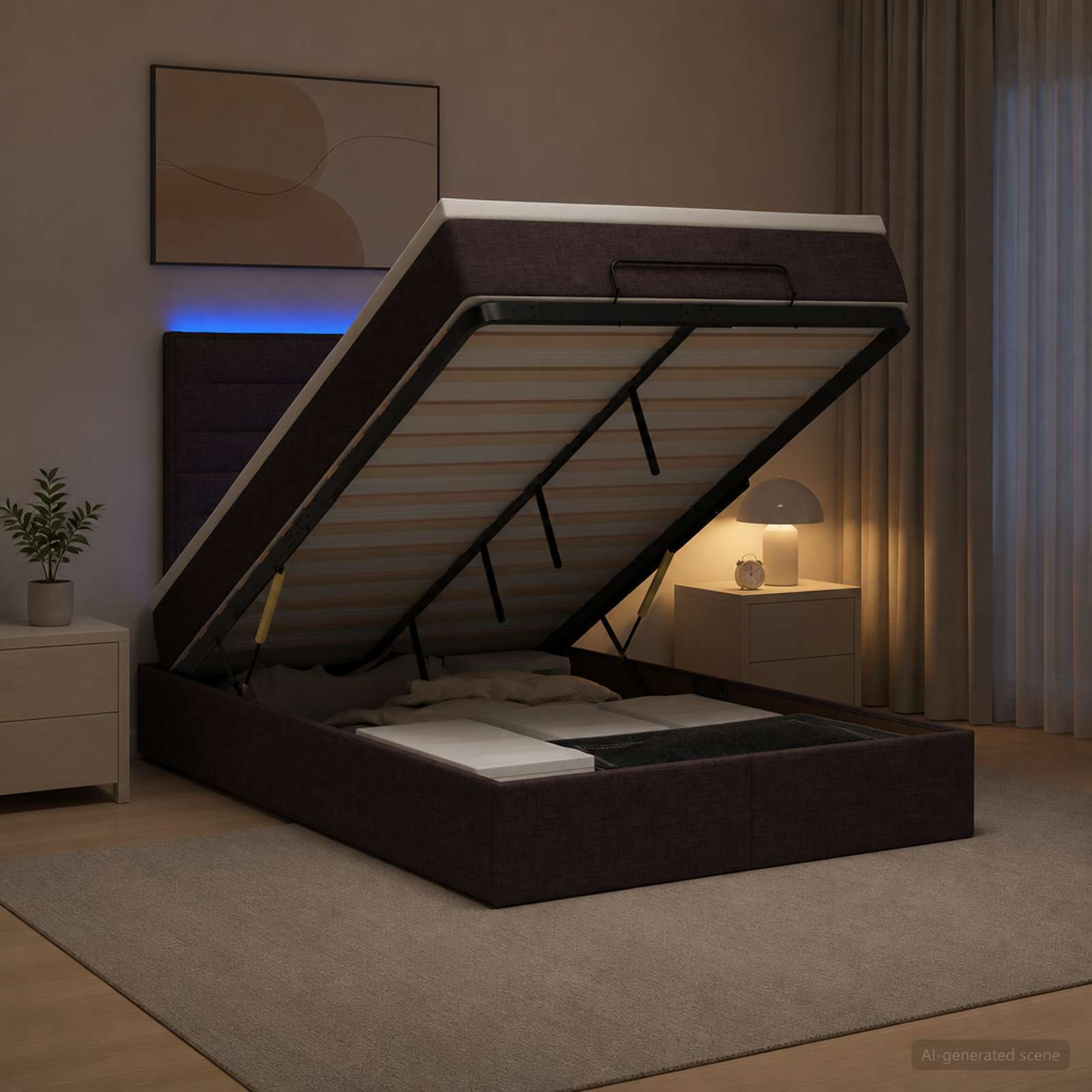 3457975_1.jpg vidaXL Ottoman posteľ s matracom a LED Tmavohnedá 120 x 190 cm Látka – Obrázok 1