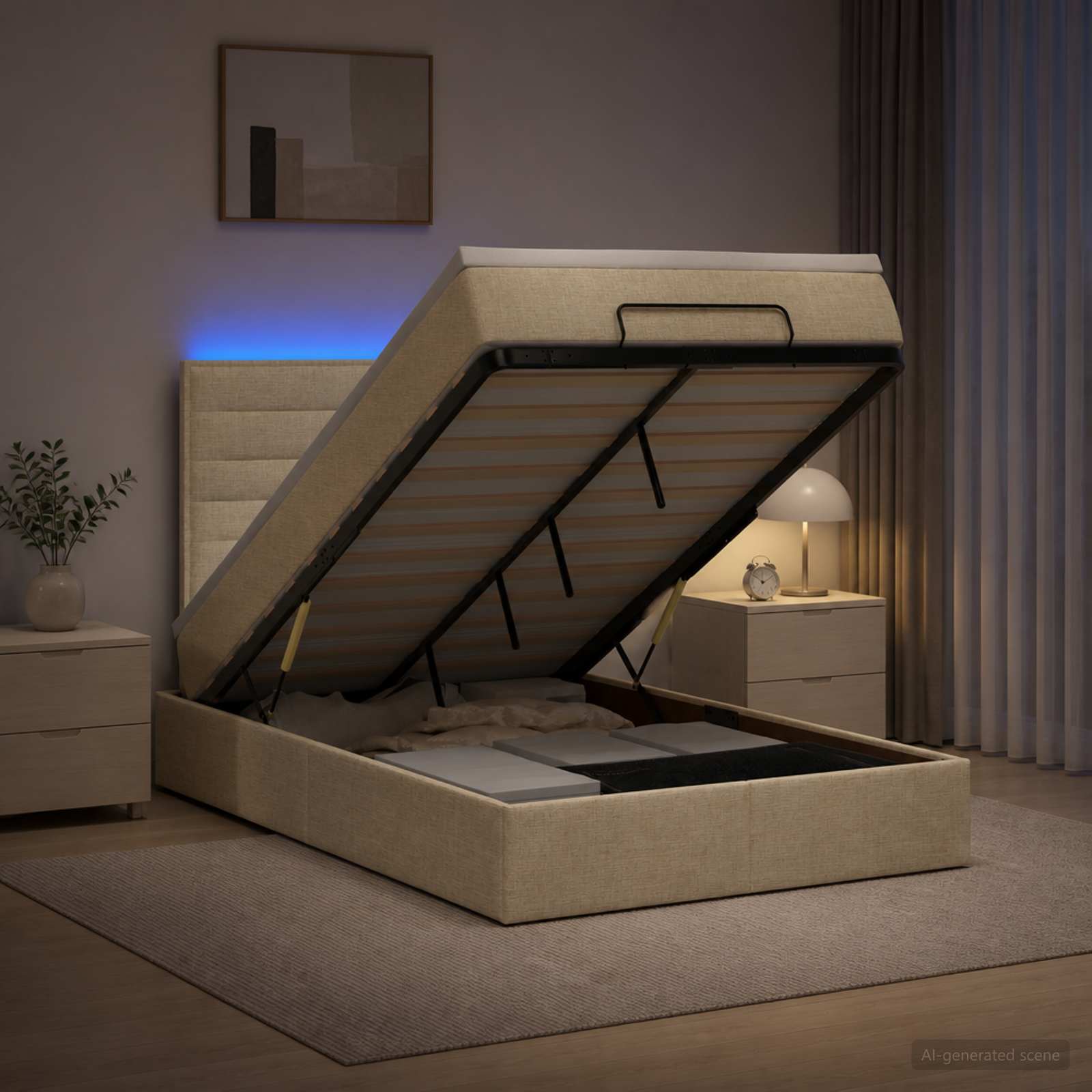 3457984_1.jpg vidaXL Ottoman posteľ s matracom a LED Krémová 120 x 200 cm Látka – Obrázok 1