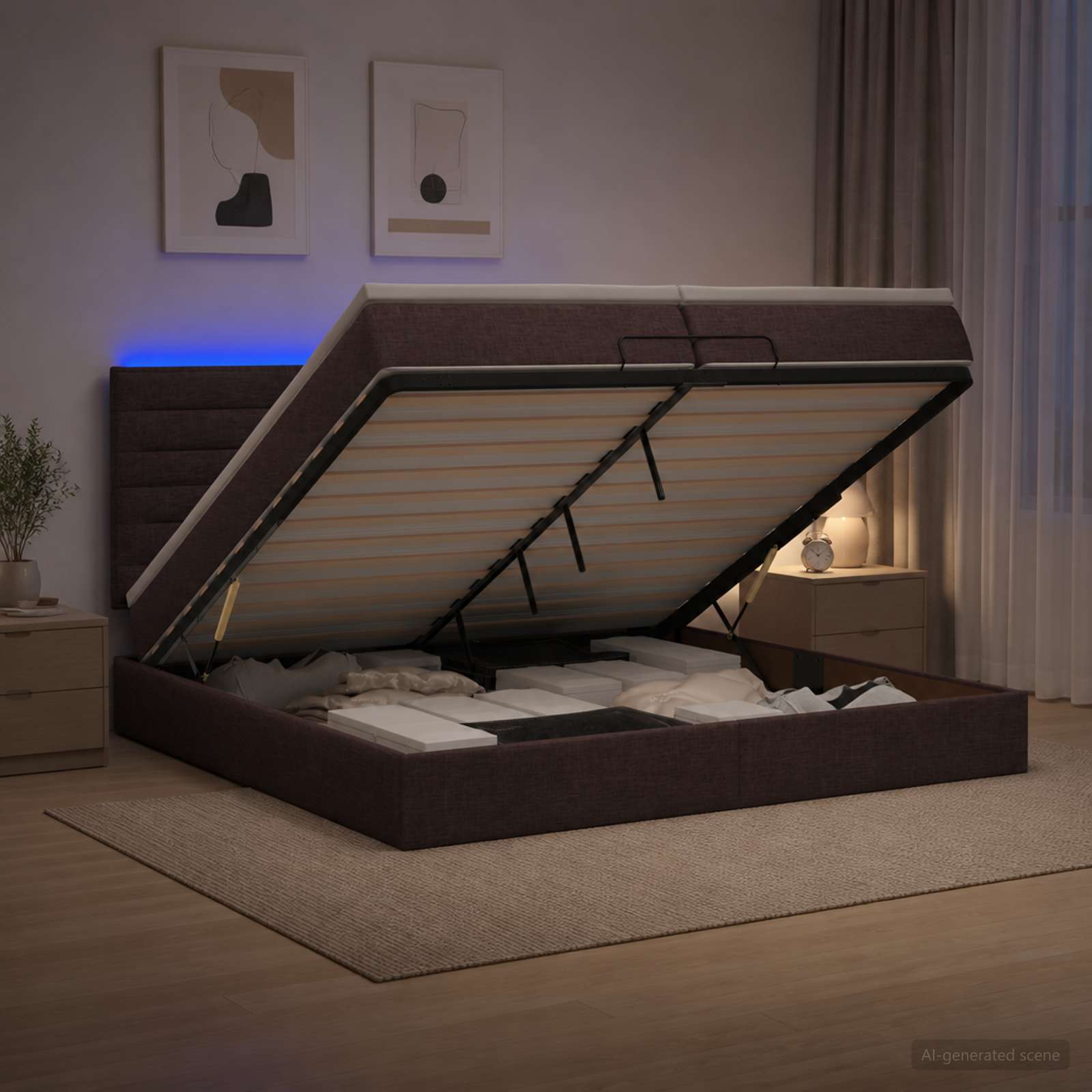 3458017_1.jpg vidaXL Ottoman posteľ s matracom a LED Tmavohnedá 200 x 200 cm Látka – Obrázok 1