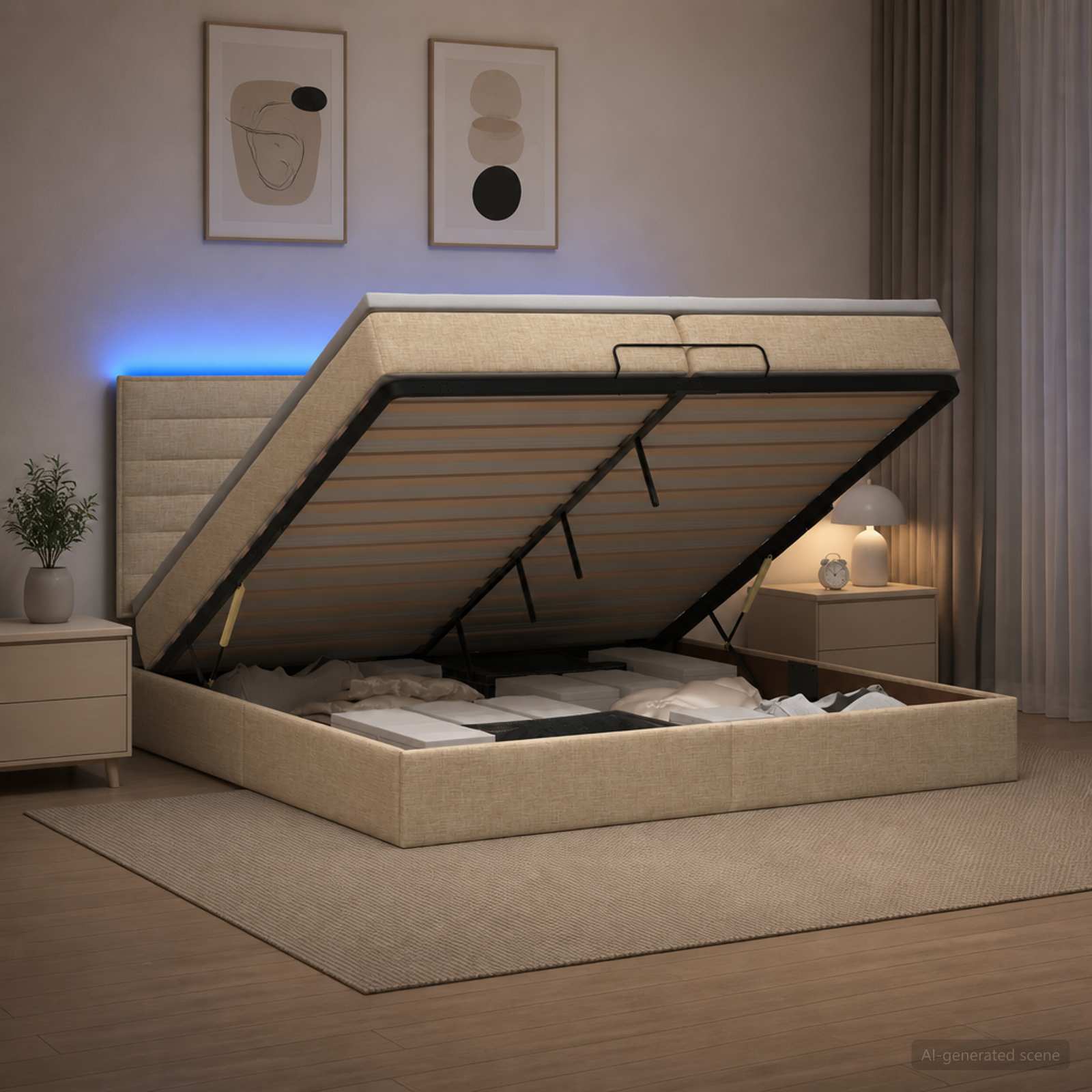3458019_1.jpg vidaXL Ottoman posteľ s matracom a LED Krémová 200 x 200 cm Látka – Obrázok 1