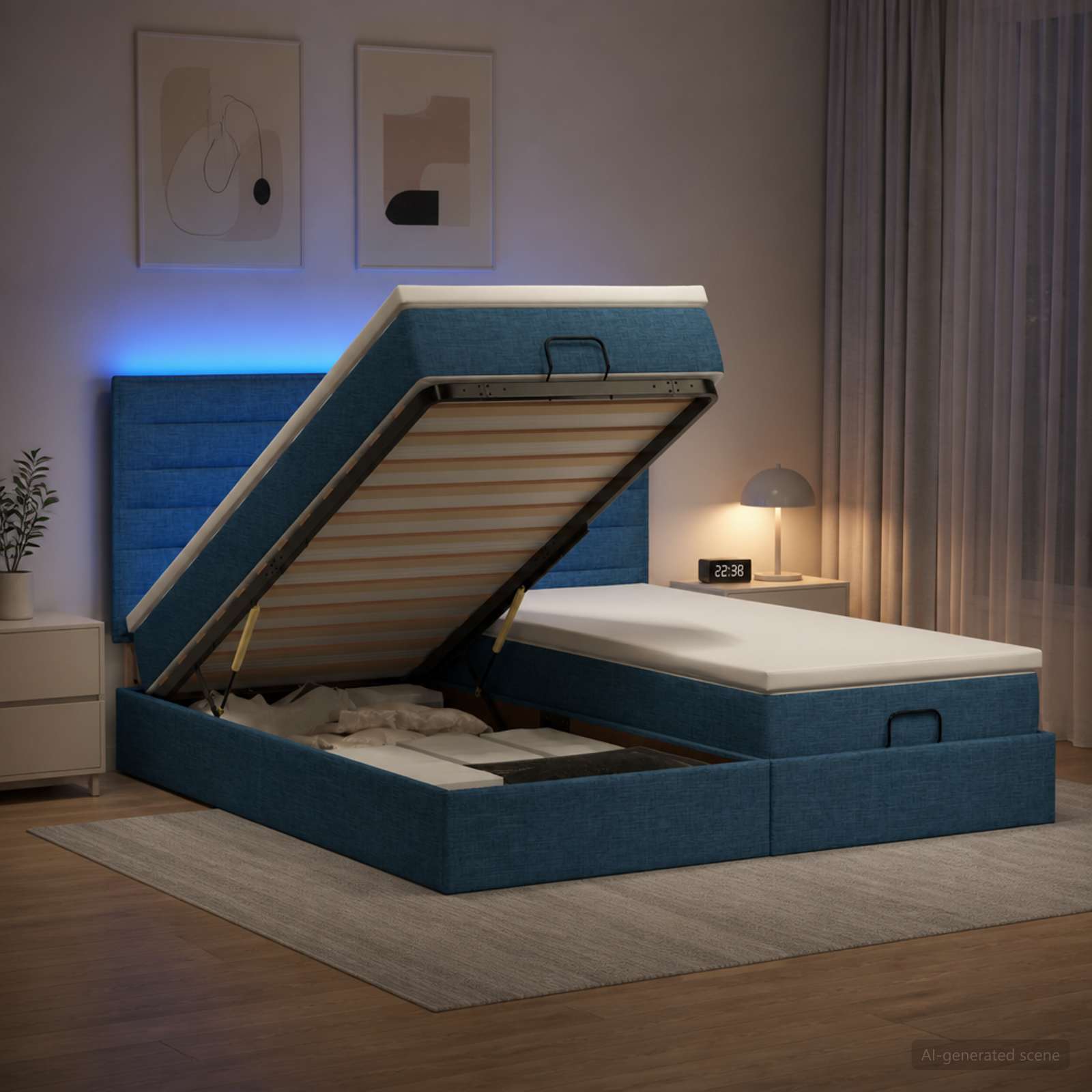 3458415_1.jpg vidaXL Ottoman posteľ s matracom a LED Modrá 160 x 200 cm Látka – Obrázok 1