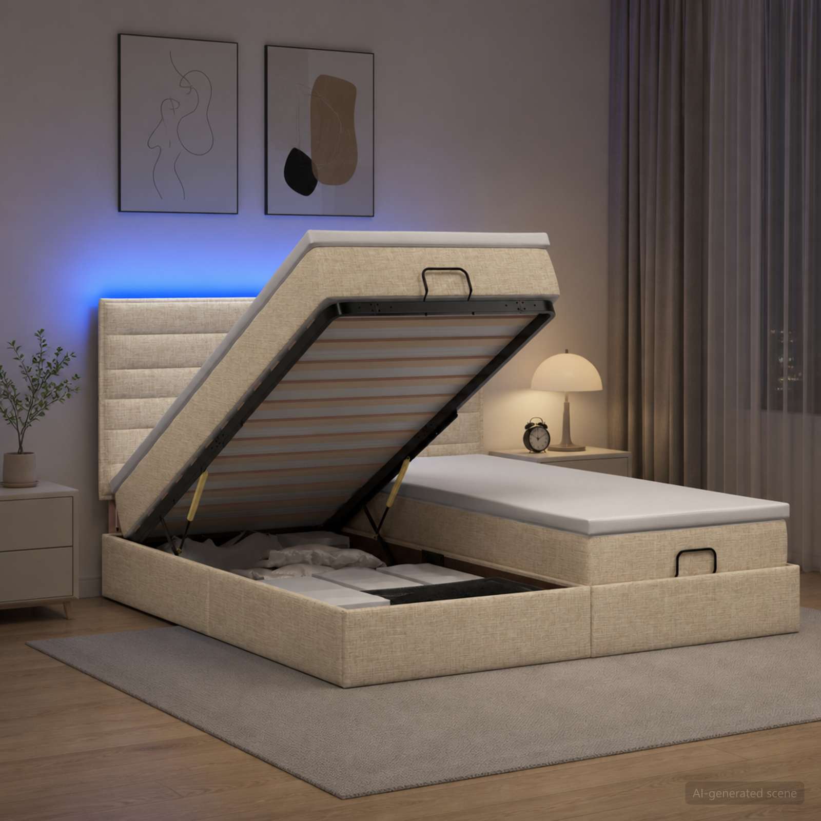 3458428_1.jpg vidaXL Ottoman posteľ s matracom a LED Krémová 200 x 200 cm Látka – Obrázok 1