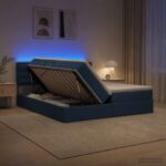 vidaXL LED úložná posteľ s matracom Modrá 200 x 200 cm Látka – Obrázok 4