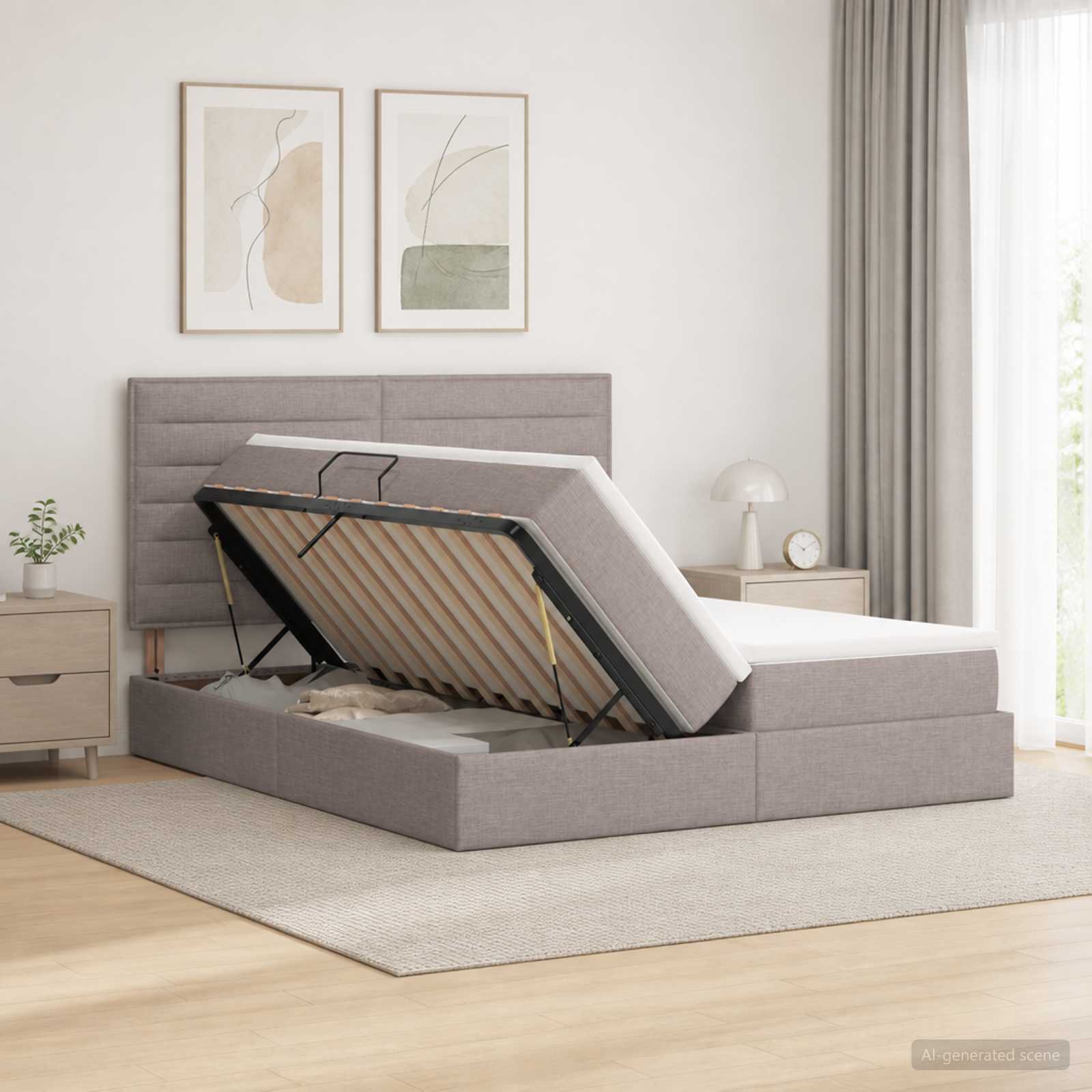 3459780_1.jpg vidaXL Úložná posteľ s čelnou doskou Sivohnedá 180 x 200 cm Látka – Obrázok 1