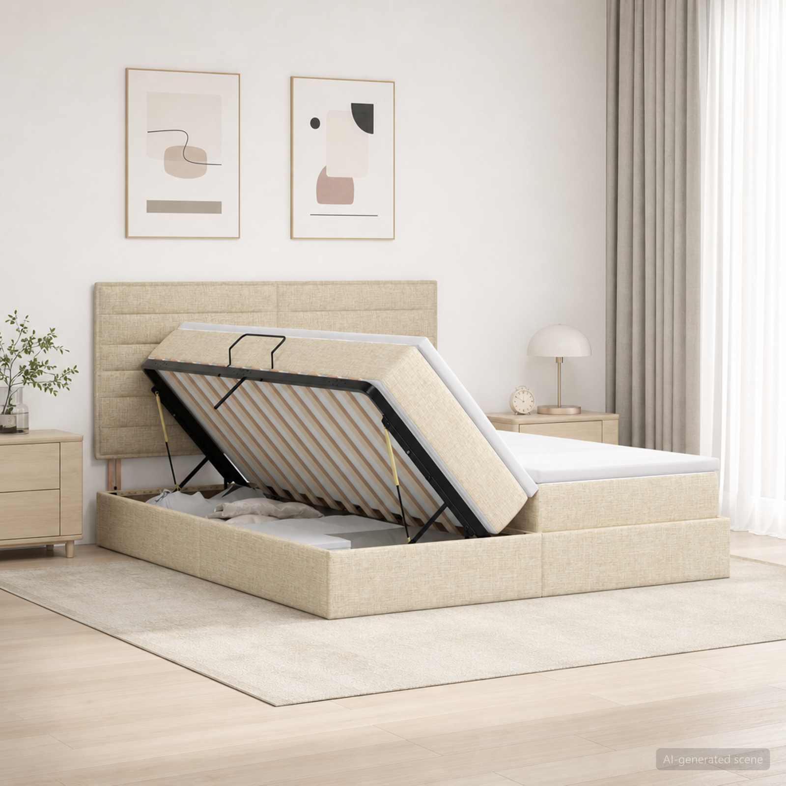 3459781_1.jpg vidaXL Úložná posteľ s čelnou doskou Krémová 180 x 200 cm Látka – Obrázok 1