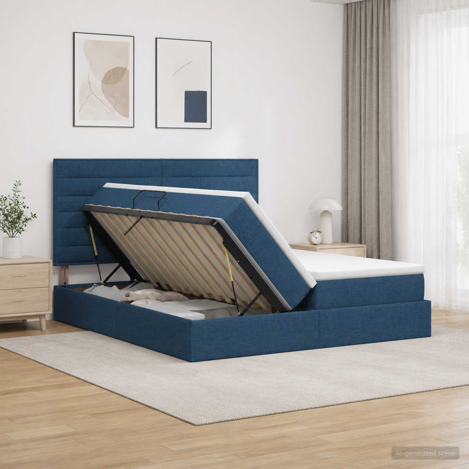 3459788_1.jpg vidaXL Úložná posteľ s čelnou doskou Modrá 200 x 200 cm Látka – Obrázok 1