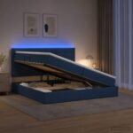 vidaXL LED úložná posteľ s matracom Modrá 200 x 200 cm Látka – Obrázok 4