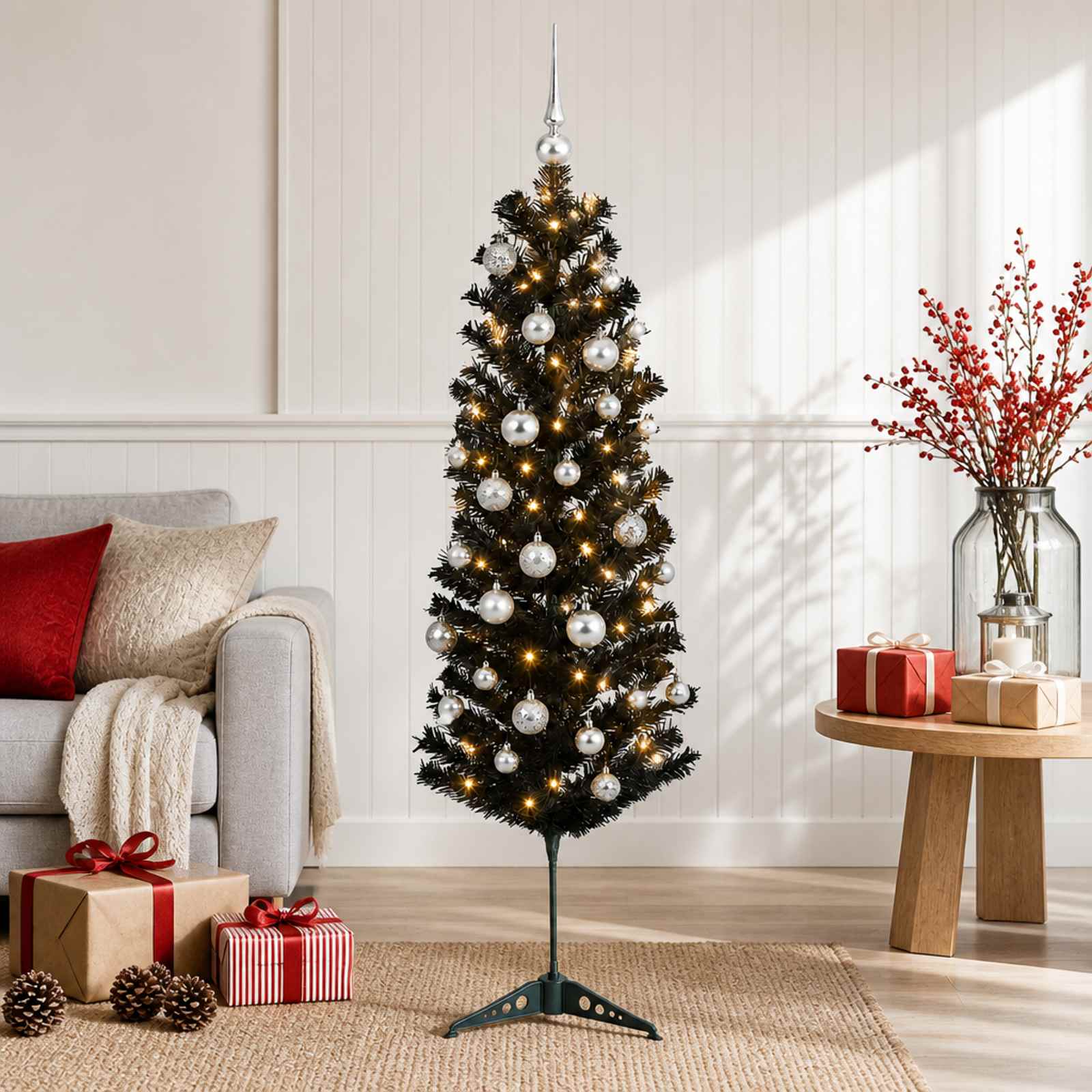 3461151_1.jpg vidaXL Umelý štíhly vianočný stromček s vianočnou guľou 150 cm 150 LED – Obrázok 1