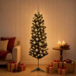vidaXL Umelý štíhly vianočný stromček s vianočnou guľou 150 cm 150 LED – Obrázok 3
