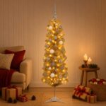 vidaXL Umelý štíhly vianočný stromček s ozdobami 150 cm 150 LED – Obrázok 3
